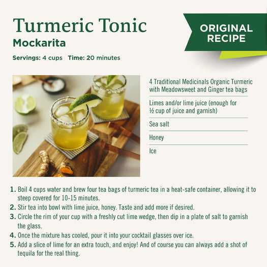 Turmeric tonic original recipe. 1. Boil 4 cups of water and brew four tea tags. 2. Stir tea into bowl with lime juice, honey. Taste and add more if desired 3. Circle the rim of your cup with freshly cut lime wedge, then dip in a plate of sale to garnish the glass 4. Once the mixture has cooled, pour it into cocktail glasses over ice. 5. Add a slice of lime for an extra touch, and enjoy!