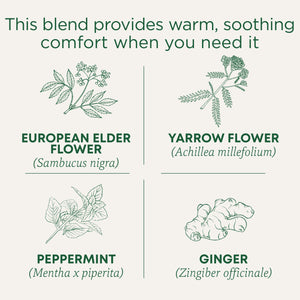 This blend provides warm, soothing comfort when you need it. European Elder Flower (Sambucus nigra). Yarrow Flower (Achillea millefolium). Peppermint (Mentha x piperita). Ginger (Zingiber officinale)