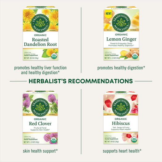 Herbalist's Recommendations. Roasted Dandelion Root promotes healthy liver function and healthy digestion. Lemon Ginger promotes healthy digestion. Red Clover skin health support. Hibiscus supports heart health