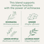 This Blend supports immune function with the power of echinacea. Echinacea (Echinacea purpurea). Ginger (Zingiber officinale). Lemon Myrtle (Backhousia citriodora). Licorice Root (Glycyrrhiza glabra)