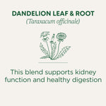 Dandelion Leaf & Root (Taraxacum officinale). This blend supports kidney function and healthy digestion.