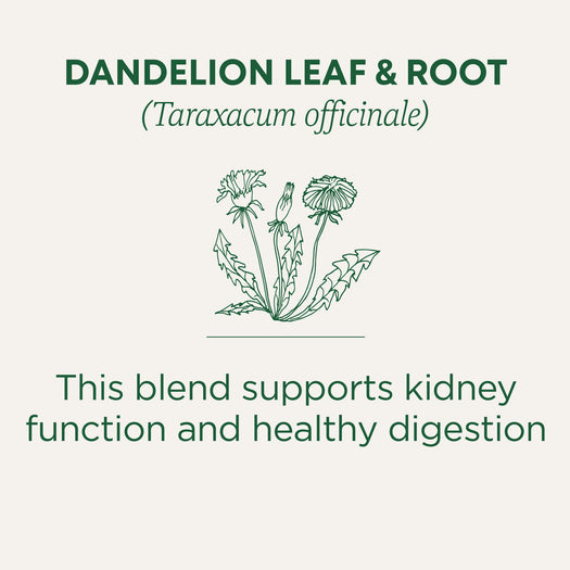 Dandelion Leaf & Root (Taraxacum officinale). This blend supports kidney function and healthy digestion.