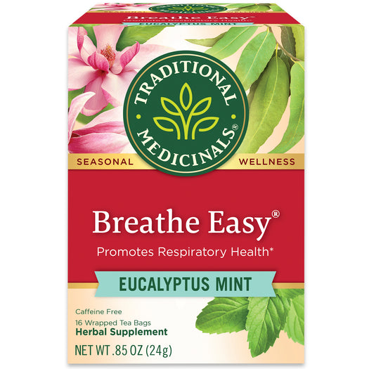 Traditional Medicinals logo. Seasonal. Wellness. Breathe Easy. Promotes Respiratory Health*. Eucalyptus Mint. Caffeine Free. 16 Wrapped Tea Bags. Herbal Supplement. NET WT .85 OZ (24g)