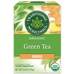 Traditional Medicinals logo. Daily. Green. Organic Green Tea Ginger. 16 Wrapped Tea Bags. Herbal Supplement. NET WT .85 OZ (24g). USDA ORGANIC logo