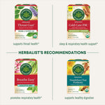 Herbalist's Recommendations. Throat Coat supports throat health. Cold Care P.M sleep & respiratory health support. Breathe Easy promotes respiratory health. Dandelion Chai Probiotic supports healthy digestion.