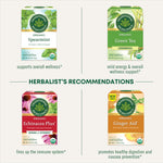 herbalist's recommendations: spearmint supports overall wellness. Green tea mild energy & overall wellness support. Echinacea plus fires up the immune system. Ginger aid promotes health digestion and nausea prevention