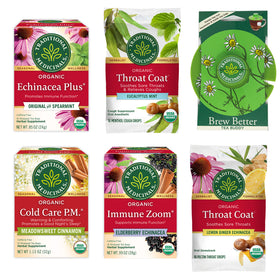 Echinacea Plus Original with Spearmint, Throat Coat Eucalyptus Mint, Brew Better tea Buddy, Cold Care P.M Meadowsweet Cinnamon, Immune Zoom Elderberry Echinacea, and Throat Coat Lemon Ginger Echinacea packages