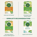 Herbalist's Recommendations. Gas Relief Chamomile Mint relieves gas and bloating. Green tea Lemongrass mild energy & overall wellness support. Green Tea Ginger mild energy support & promotes healthy digestion. Spearmint supports overall wellness.