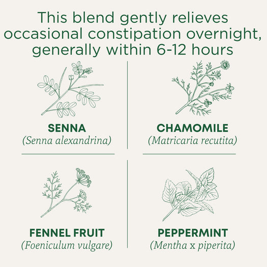 this blend gently relieves occasional constipation overnight, generally within 6-12 hours