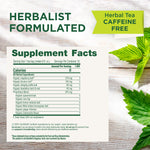 Herbalist Formulated. Herbal Tea Caffeine Free. Supplement Facts. Serving size 1 tea bag. Calories 0, Organic raspberry leaf 270 mg, Organic licorice root 150 mg, Organic stinging nettle leaf 60 mg, Organic dandelion herb & root 45 mg, Proprietary Blend: 975 mg Organic spearmint leaf, rose hip, lemon verbena leaf, West Indian lemongrass leaf, ginger rhizome, and chamomile flower.