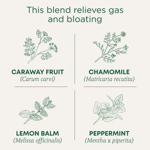 This blend relieves gas and bloating. Caraway Fruit (Carum carvi). Chamomile (Matricaria recutita). Lemon Balm (Melissa officinalis). Peppermint (Mentha x piperita)