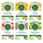 Chamomile (Supports Relaxation), Roasted Dandelion Root (Detox + Digestion), Ginger (Digestion Support), Hibiscus (Promotes heart health), Licorice Root (Digestion + respiratory Health), and Peppermint (Soothes the belly) packages