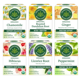 Chamomile (Supports Relaxation), Roasted Dandelion Root (Detox + Digestion), Ginger (Digestion Support), Hibiscus (Promotes heart health), Licorice Root (Digestion + respiratory Health), and Peppermint (Soothes the belly) packages