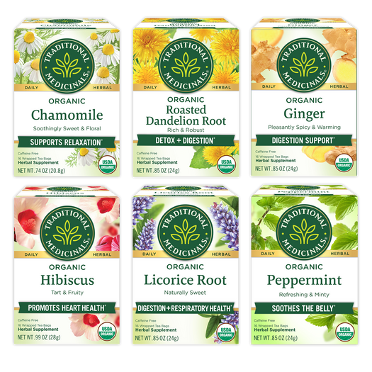 Chamomile (Supports Relaxation), Roasted Dandelion Root (Detox + Digestion), Ginger (Digestion Support), Hibiscus (Promotes heart health), Licorice Root (Digestion + respiratory Health), and Peppermint (Soothes the belly) packages