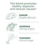 This blend promotes healthy digestion and relieves nausea. Ginger (Zingiber officinale). Moringa (Moringa oleifera). Turmeric (Curcuma longa)