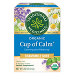 Traditional Medicinals logo. Relaxation. Wellness. Organic Cup of Calm. Calming and Relaxing. CHAMOMILE MINT. Caffeine Free. 16 Wrapped Tea Bags. Herbal Supplement. NET WT .85 OZ (24g). USDA ORGANIC logo.