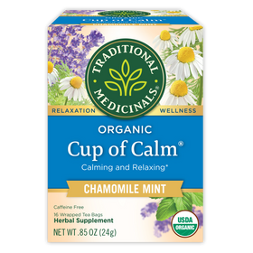 Traditional Medicinals logo. Relaxation. Wellness. Organic Cup of Calm. Calming and Relaxing. CHAMOMILE MINT. Caffeine Free. 16 Wrapped Tea Bags. Herbal Supplement. NET WT .85 OZ (24g). USDA ORGANIC logo.