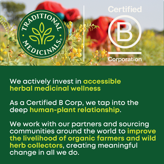 Traditional Medicinals logo. Certified B Corporation. We actively invest in accessible herbal medicinal wellness. As a Certified B Corp, we tap into the deep human-plant relationship. We work with our partners and sourcing communities around the world to improve the livelihood of organic farmers and wild herb collectors, creating meaningful change in all we do.